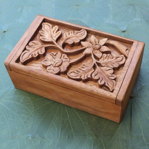 Wood Jewelry Box Handmade Flower and Leaf Motif, 'Growing Flower' Wood Jewelry Box Handmade Flower and Leaf Motif, 'Growing Flower'