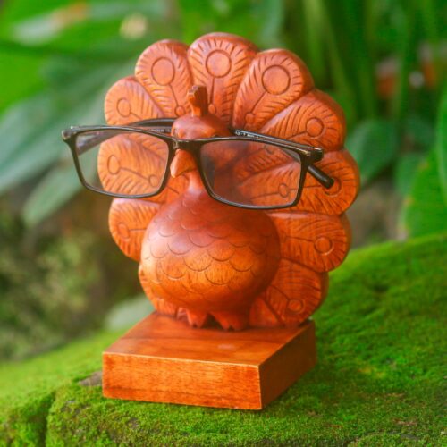 Wood Peacock Eyeglasses Holder from Bali, 'Little Peacock' Wood Peacock Eyeglasses Holder from Bali, 'Little Peacock'