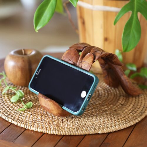 Wood Phone Stand with Leaf Motif Hand-Carved in Bali, 'Tropical Leaves' Wood Phone Stand with Leaf Motif Hand-Carved in Bali, 'Tropical Leaves'