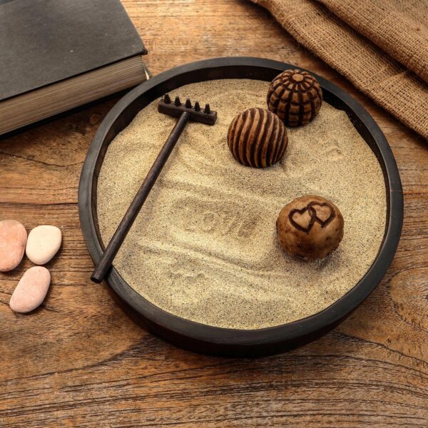 Wood Zen Garden with Rake and Balls from Bali, 'Meditation Romance' Wood Zen Garden with Rake and Balls from Bali, 'Meditation Romance'