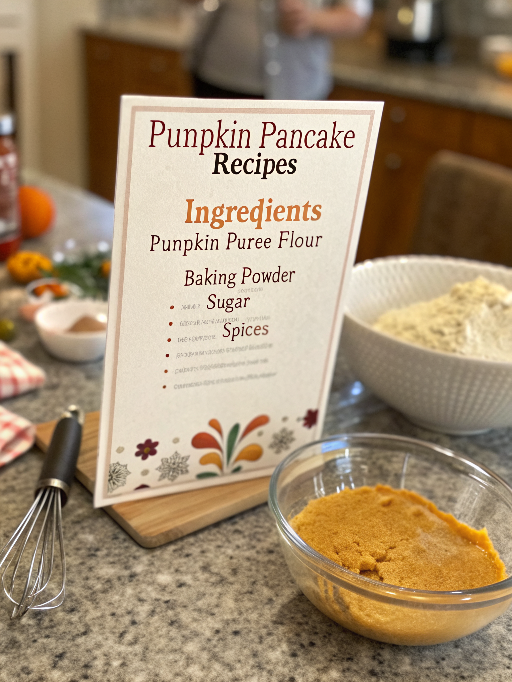 Ingredients for fluffy homemade pumpkin pancakes