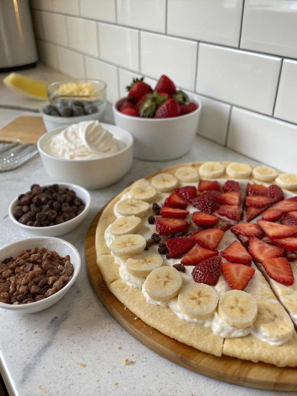 Ingredients for dessert pizza recipe including cookie dough, cream cheese, fruit, and chocolate